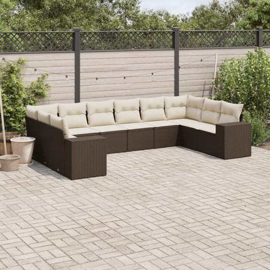 10-tlg. Garten-Sofagarnitur mit Kissen Braun Poly Rattan