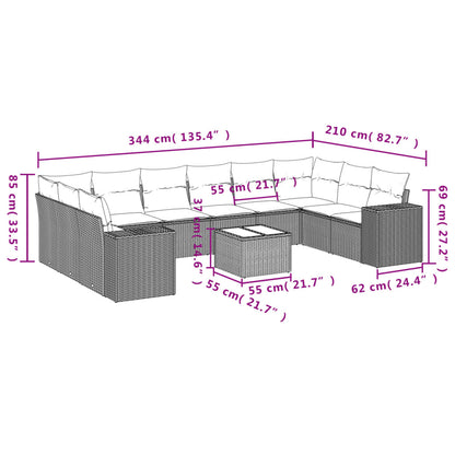 11-tlg. Garten-Sofagarnitur mit Kissen Schwarz Poly Rattan