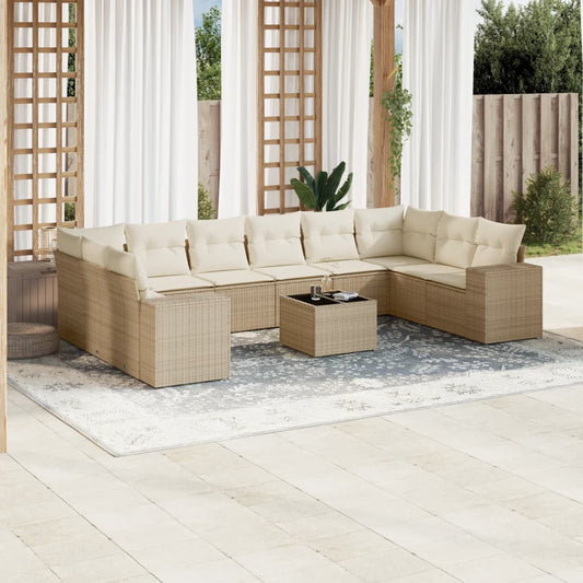 11-tlg. Garten-Sofagarnitur mit Kissen Beige Poly Rattan