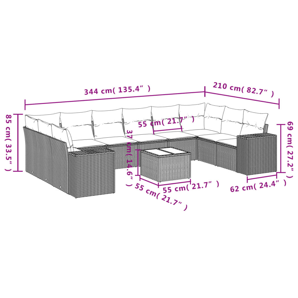 11-tlg. Garten-Sofagarnitur mit Kissen Grau Poly Rattan