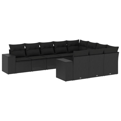 10-tlg. Garten-Sofagarnitur mit Kissen Schwarz Poly Rattan