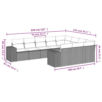 10-tlg. Garten-Sofagarnitur mit Kissen Beige Poly Rattan