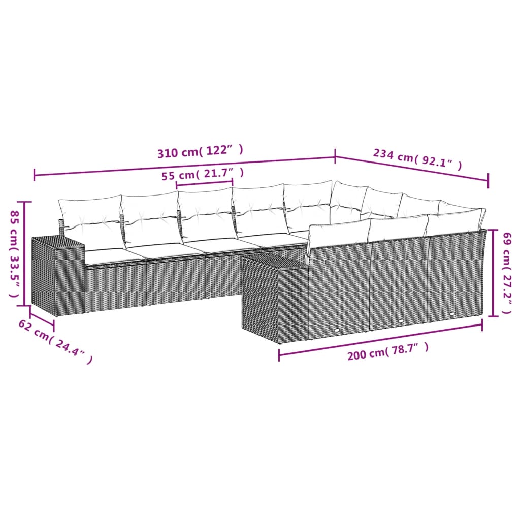 10-tlg. Garten-Sofagarnitur mit Kissen Grau Poly Rattan