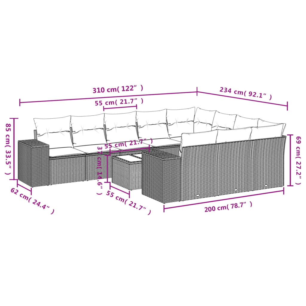 11-tlg. Garten-Sofagarnitur mit Kissen Hellgrau Poly Rattan