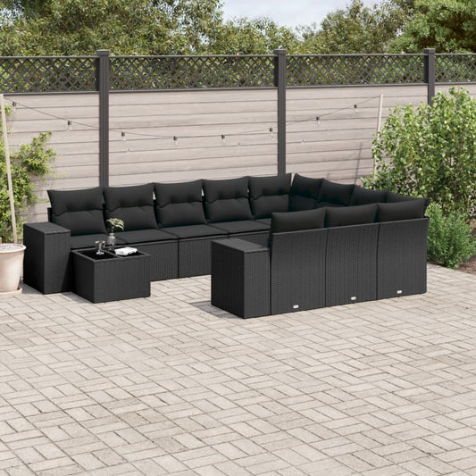 11-tlg. Garten-Sofagarnitur mit Kissen Schwarz Poly Rattan