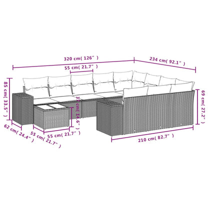 11-tlg. Garten-Sofagarnitur mit Kissen Beige Poly Rattan