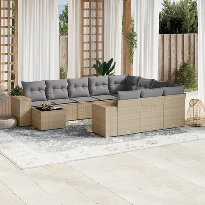 11-tlg. Garten-Sofagarnitur mit Kissen Beige Poly Rattan