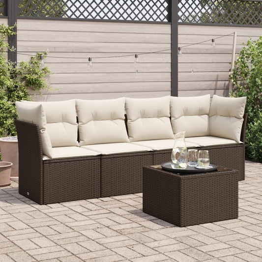 5-tlg. Garten-Sofagarnitur mit Kissen Braun Poly Rattan