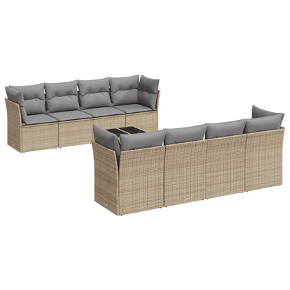 9-tlg. Garten-Sofagarnitur mit Kissen Beige Poly Rattan