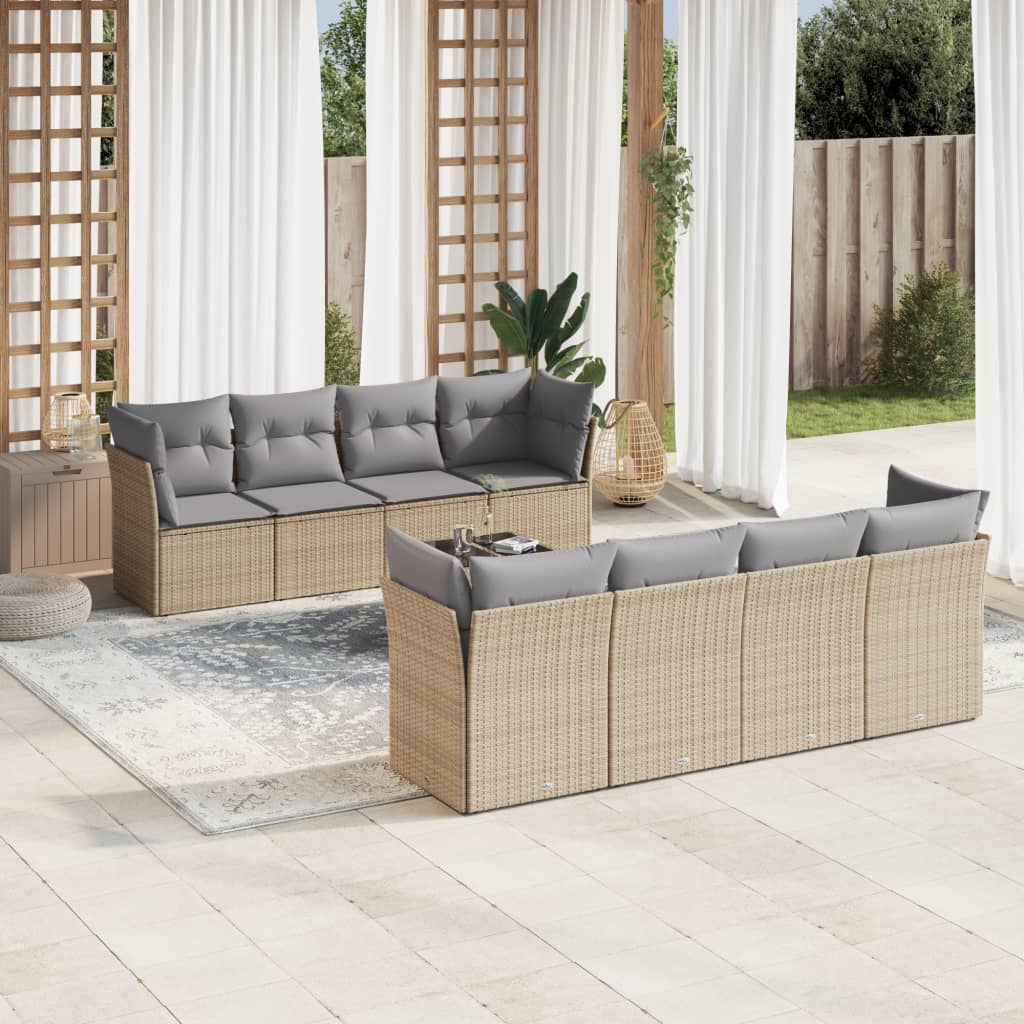 9-tlg. Garten-Sofagarnitur mit Kissen Beige Poly Rattan