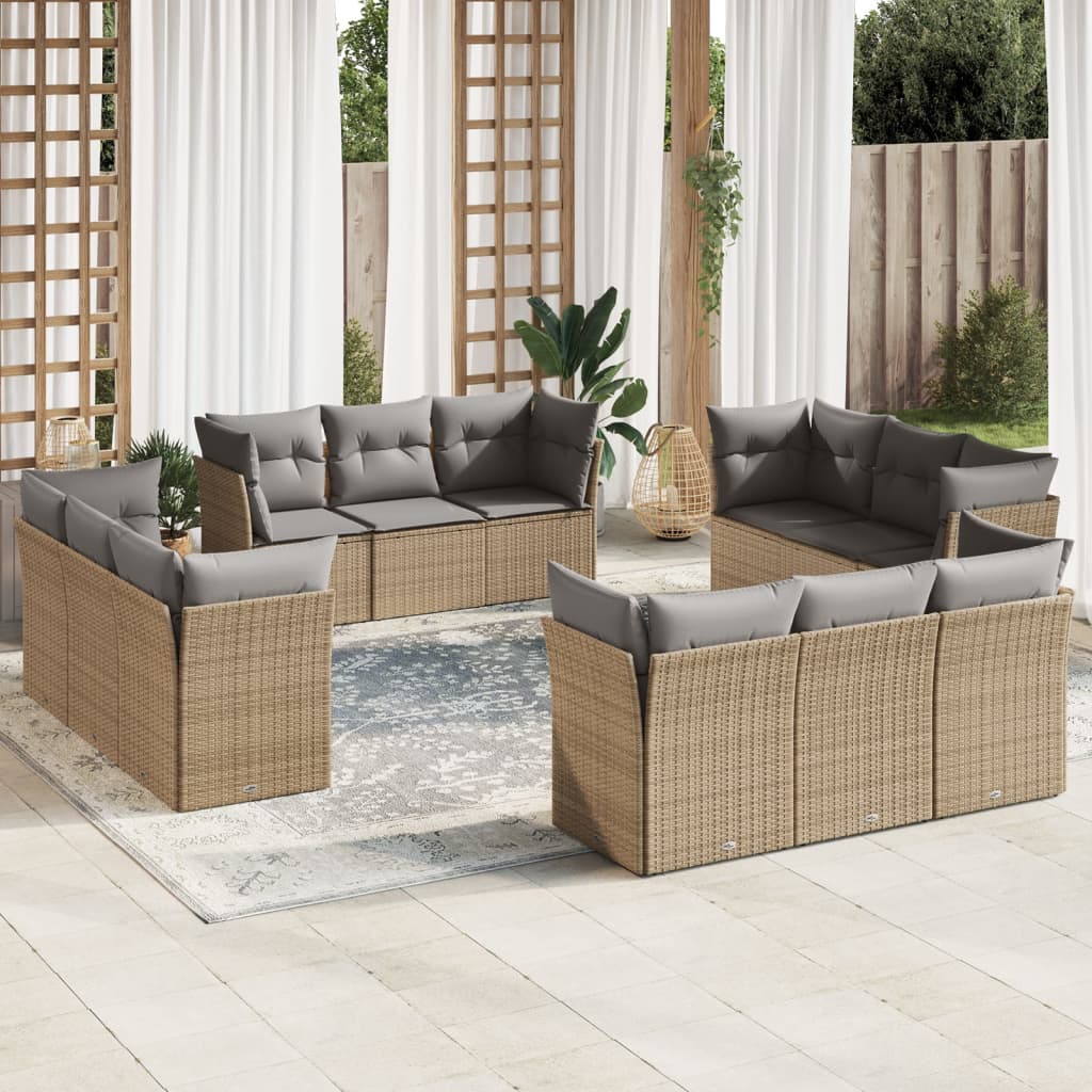 12-tlg. Garten-Sofagarnitur mit Kissen Beige Poly Rattan