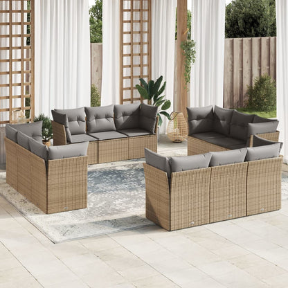 12-tlg. Garten-Sofagarnitur mit Kissen Beige Poly Rattan