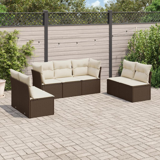 7-tlg. Garten-Sofagarnitur mit Kissen Braun Poly Rattan