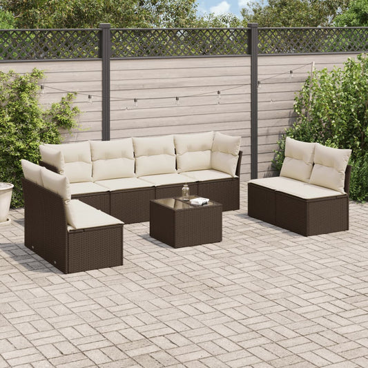 9-tlg. Garten-Sofagarnitur mit Kissen Braun Poly Rattan