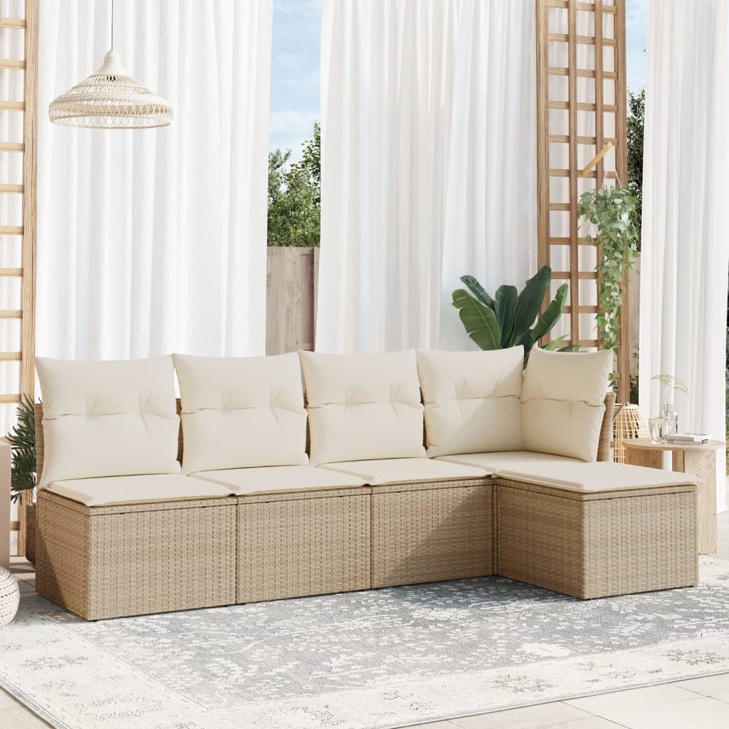 5-tlg. Garten-Sofagarnitur mit Kissen Beige Poly Rattan