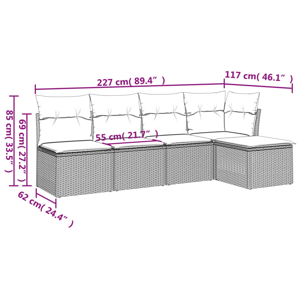 5-tlg. Garten-Sofagarnitur mit Kissen Beige Poly Rattan