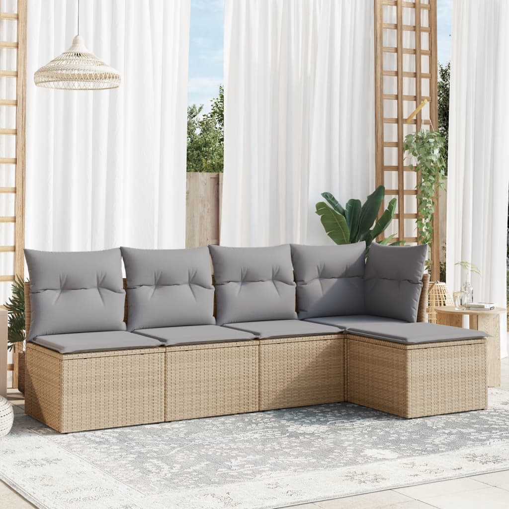 5-tlg. Garten-Sofagarnitur mit Kissen Beige Poly Rattan