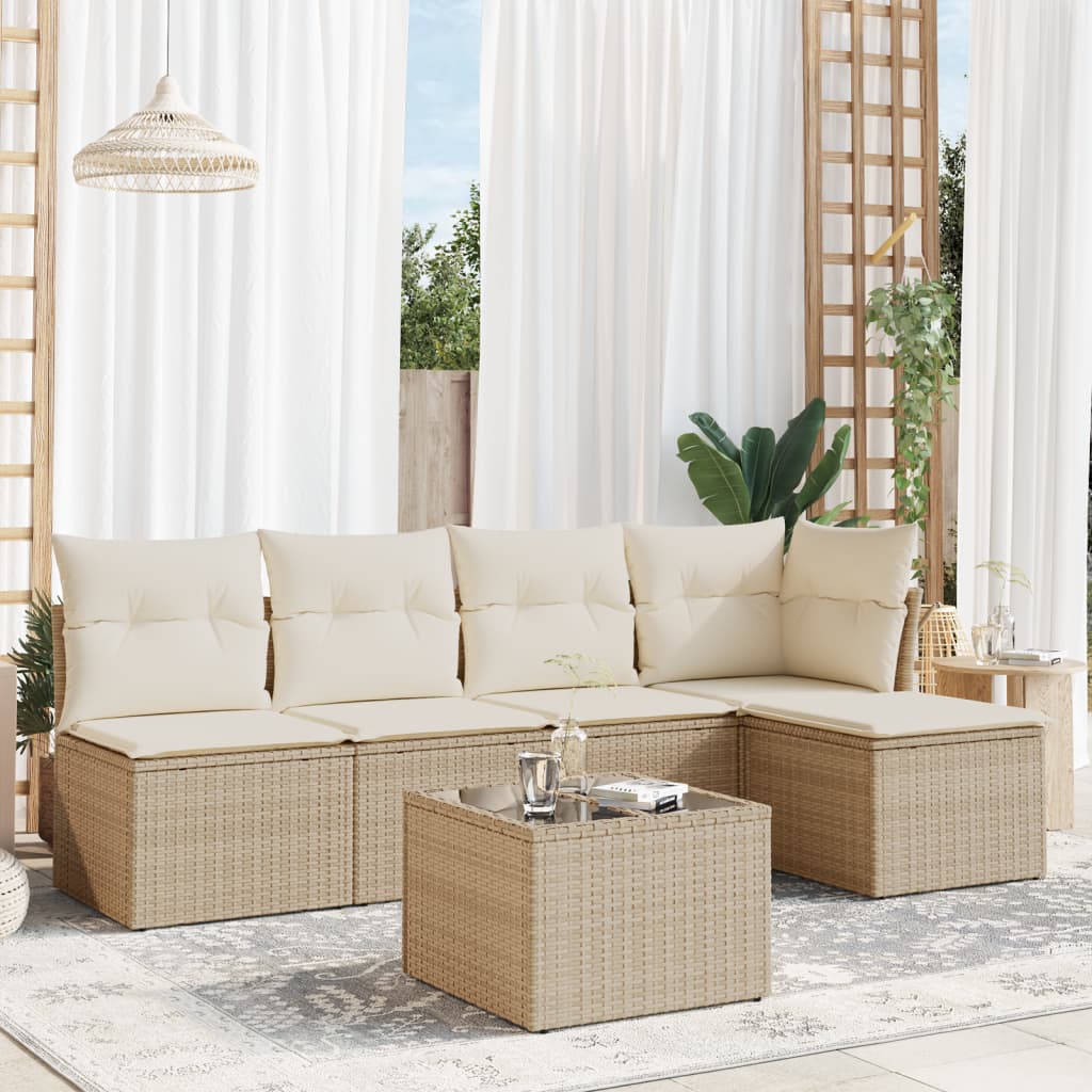 6-tlg. Garten-Sofagarnitur mit Kissen Beige Poly Rattan