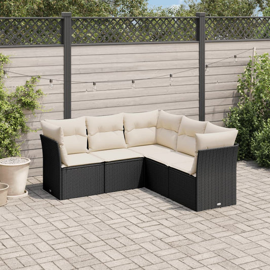 5-tlg. Garten-Sofagarnitur mit Kissen Schwarz Poly Rattan