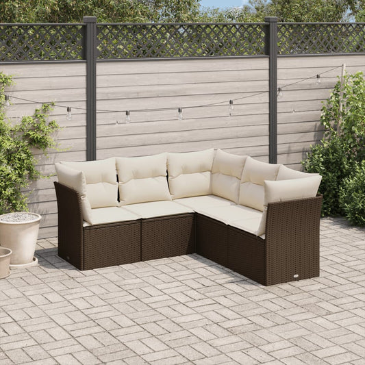 5-tlg. Garten-Sofagarnitur mit Kissen Braun Poly Rattan