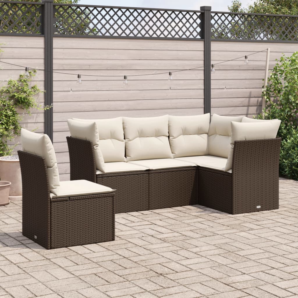 5-tlg. Garten-Sofagarnitur mit Kissen Braun Poly Rattan