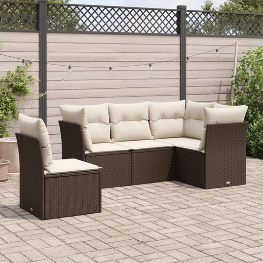 5-tlg. Garten-Sofagarnitur mit Kissen Braun Poly Rattan