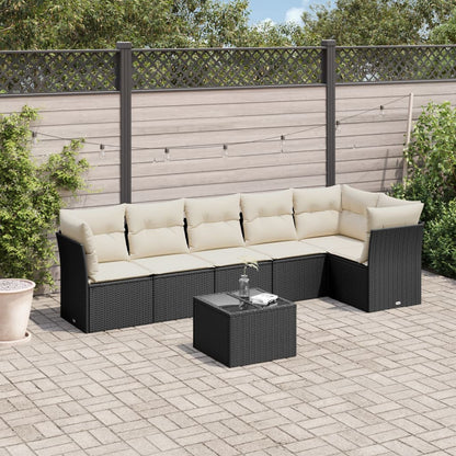 7-tlg. Garten-Sofagarnitur mit Kissen Schwarz Poly Rattan