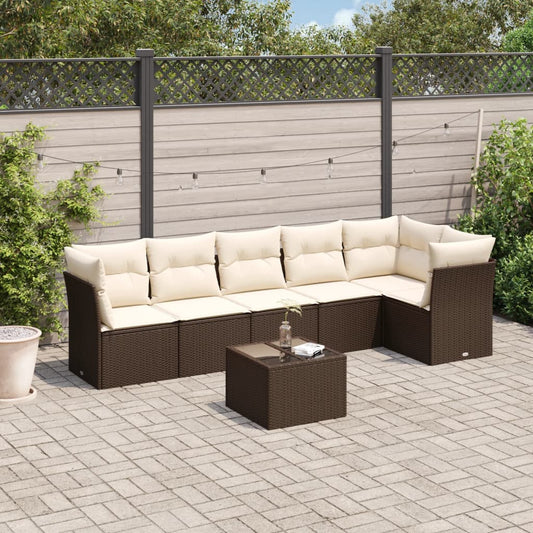 7-tlg. Garten-Sofagarnitur mit Kissen Braun Poly Rattan