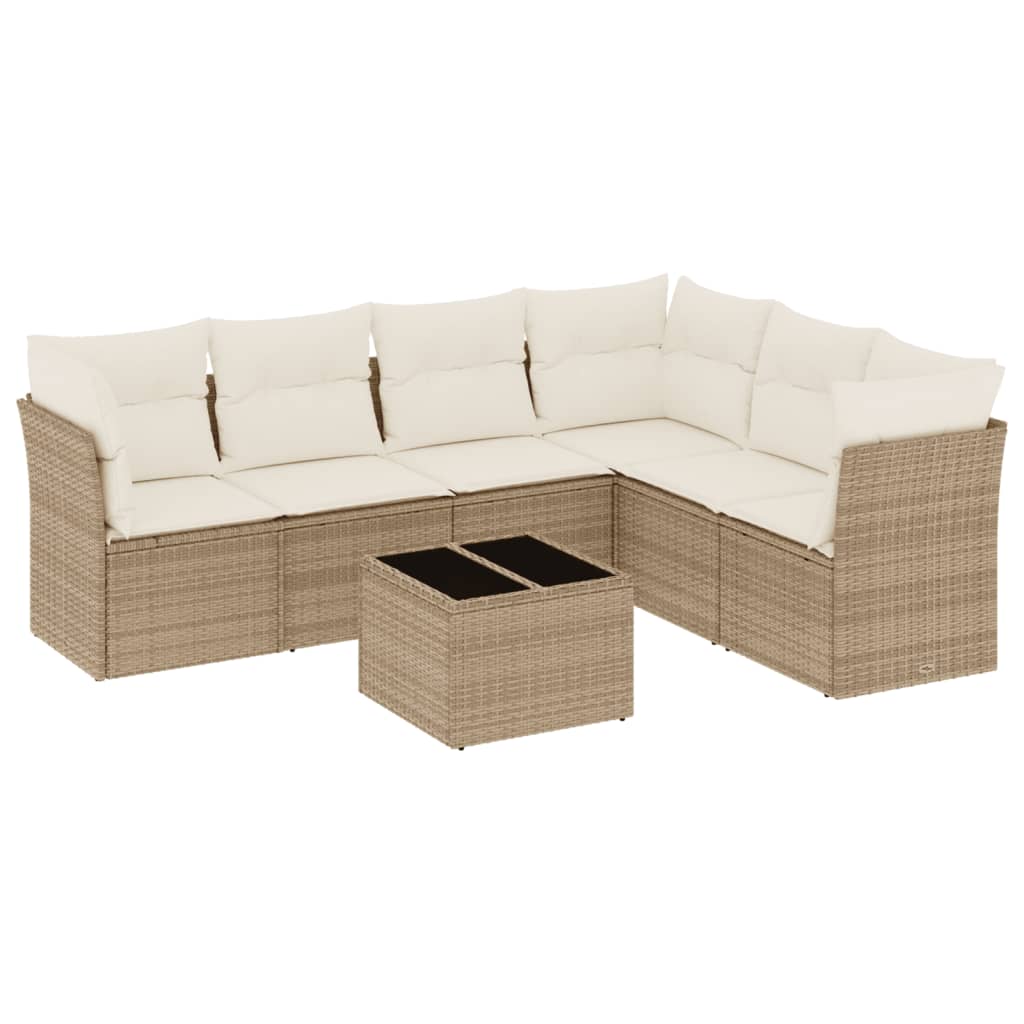 7-tlg. Garten-Sofagarnitur mit Kissen Beige Poly Rattan