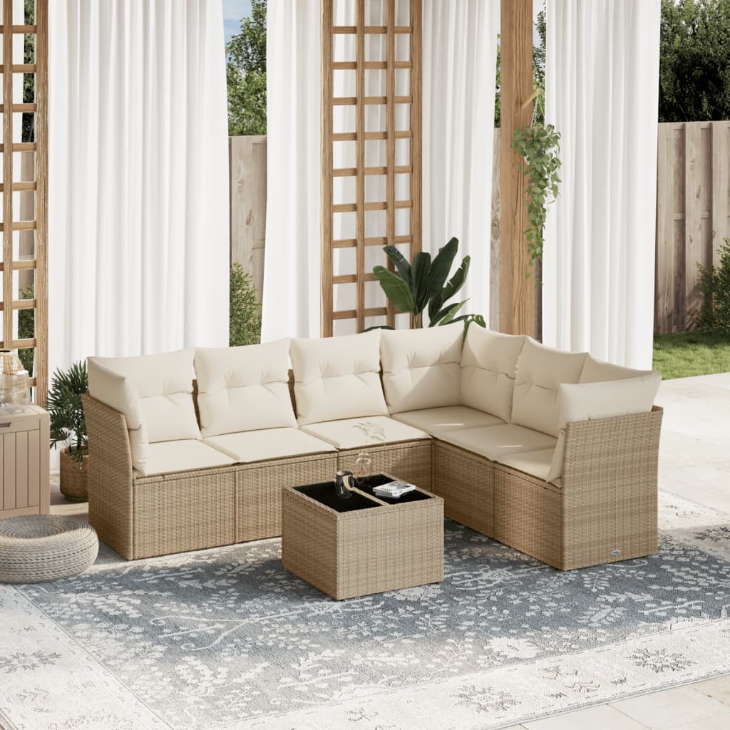 7-tlg. Garten-Sofagarnitur mit Kissen Beige Poly Rattan