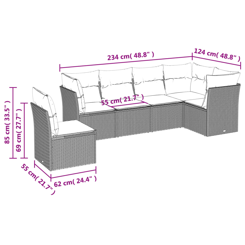 6-tlg. Garten-Sofagarnitur mit Kissen Beige Poly Rattan