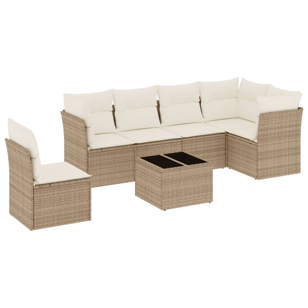 7-tlg. Garten-Sofagarnitur mit Kissen Beige Poly Rattan