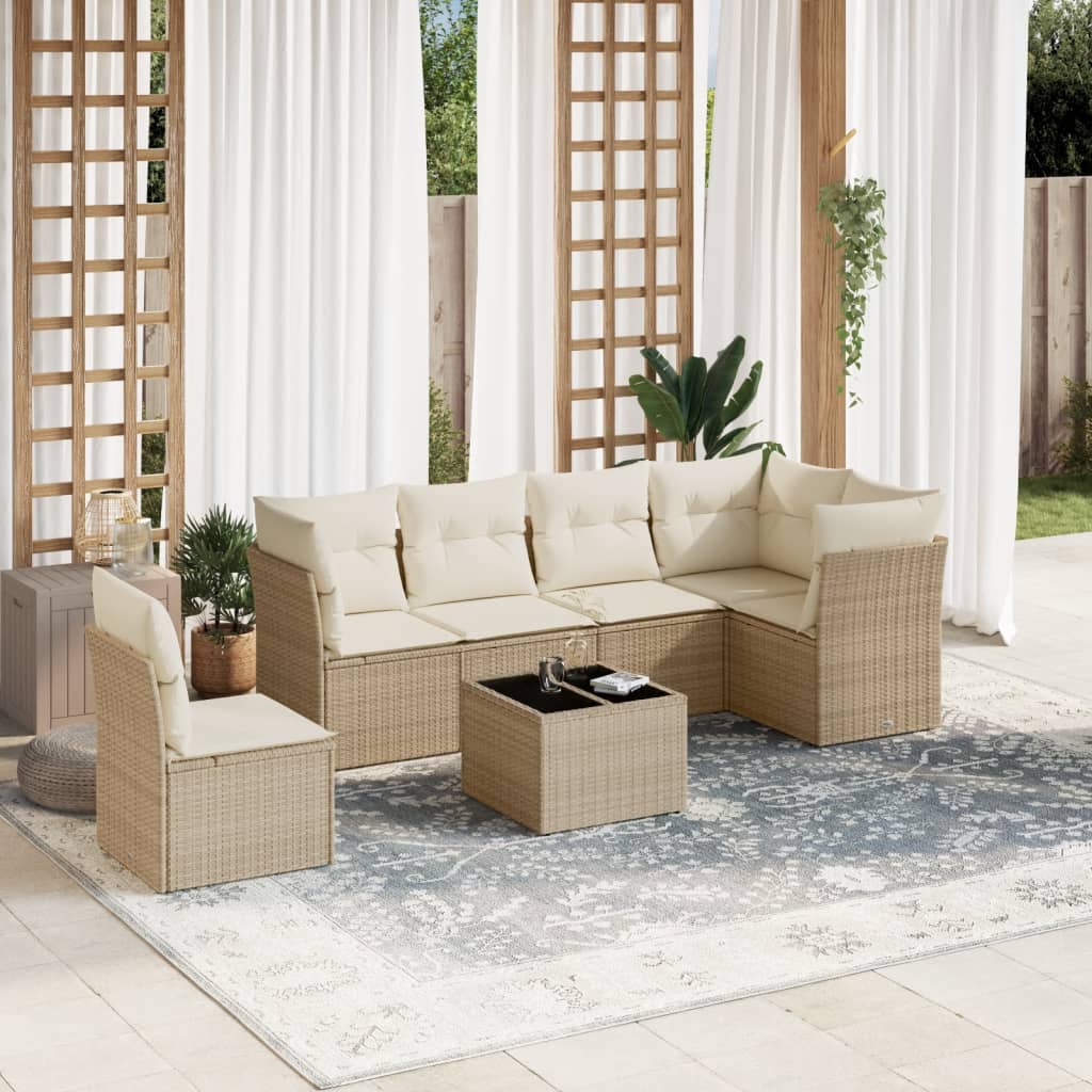 7-tlg. Garten-Sofagarnitur mit Kissen Beige Poly Rattan