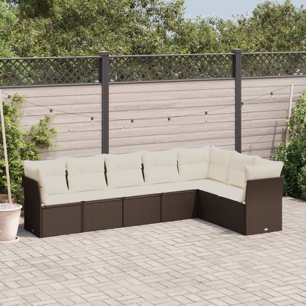 7-tlg. Garten-Sofagarnitur mit Kissen Braun Poly Rattan