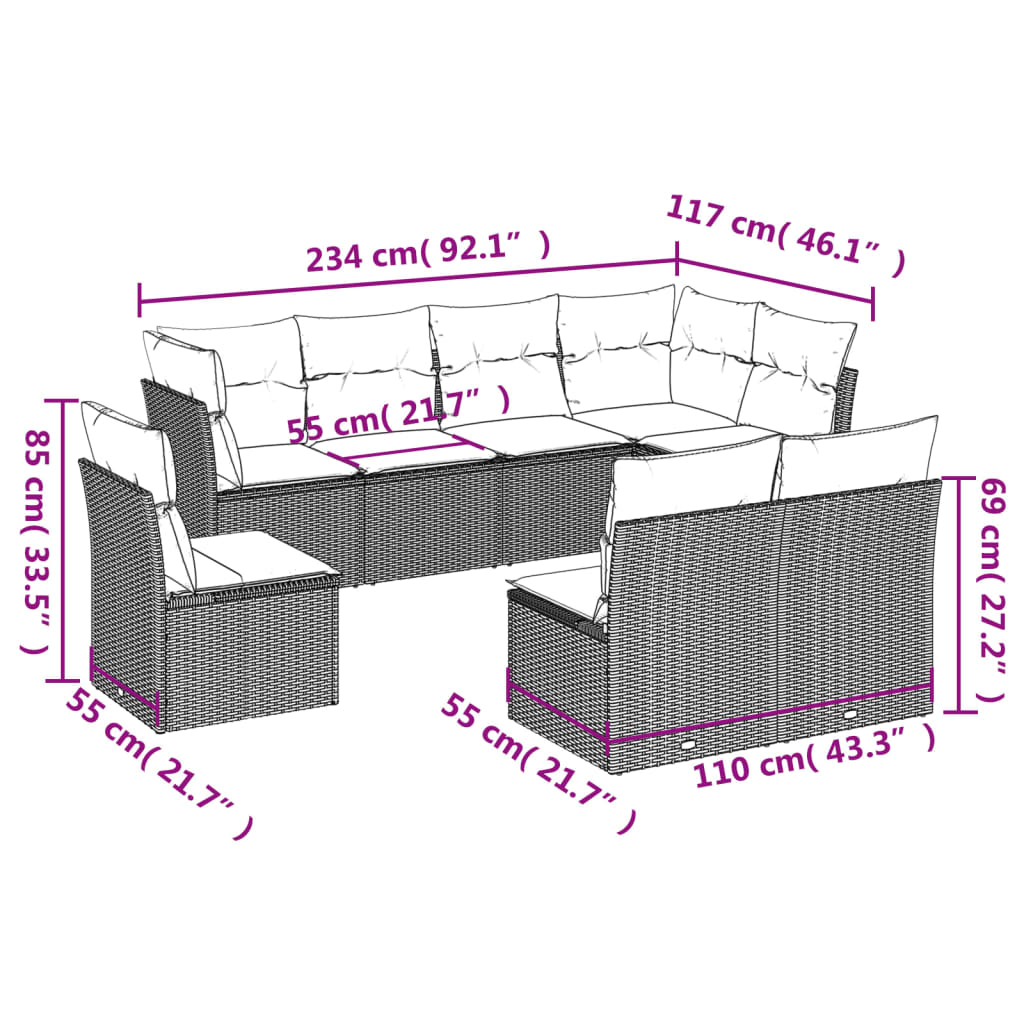 8-tlg. Garten-Sofagarnitur mit Kissen Braun Poly Rattan