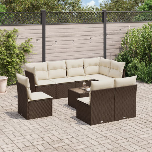 9-tlg. Garten-Sofagarnitur mit Kissen Braun Poly Rattan