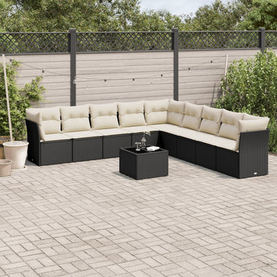 10-tlg. Garten-Sofagarnitur mit Kissen Schwarz Poly Rattan