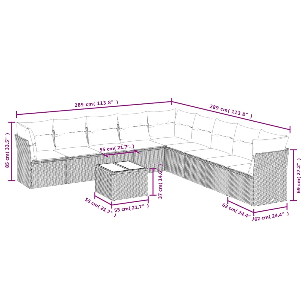 10-tlg. Garten-Sofagarnitur mit Kissen Hellgrau Poly Rattan