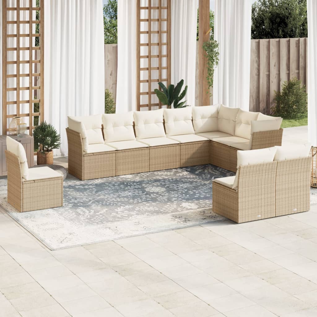 10-tlg. Garten-Sofagarnitur mit Kissen Beige Poly Rattan