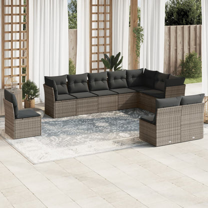 10-tlg. Garten-Sofagarnitur mit Kissen Grau Poly Rattan