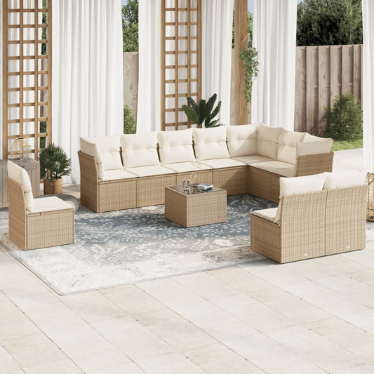 11-tlg. Garten-Sofagarnitur mit Kissen Beige Poly Rattan