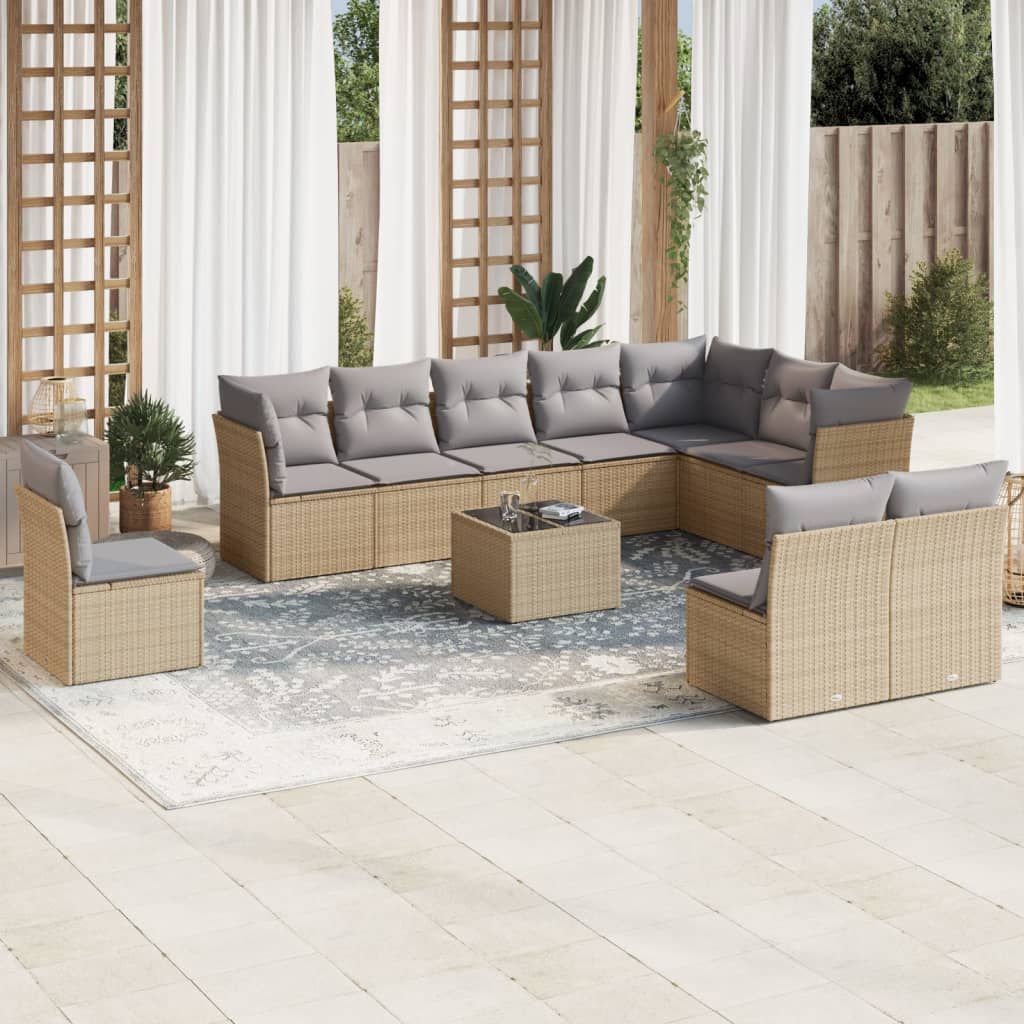 11-tlg. Garten-Sofagarnitur mit Kissen Beige Poly Rattan