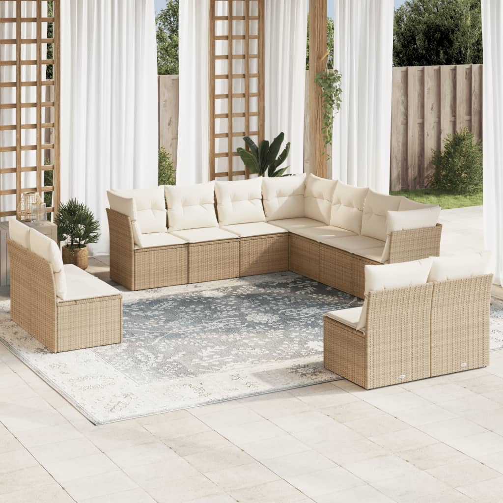 11-tlg. Garten-Sofagarnitur mit Kissen Beige Poly Rattan