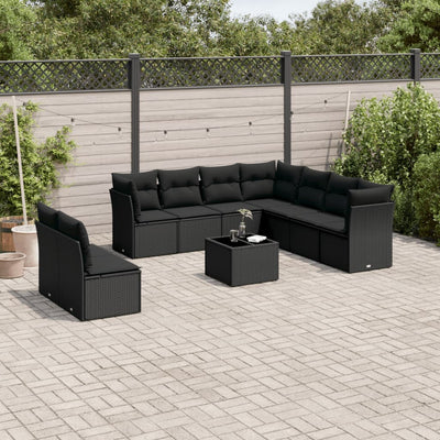 10-tlg. Garten-Sofagarnitur mit Kissen Schwarz Poly Rattan