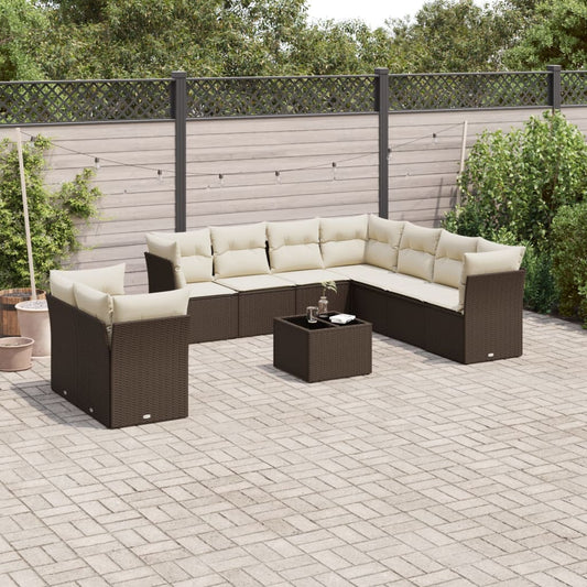 10-tlg. Garten-Sofagarnitur mit Kissen Braun Poly Rattan