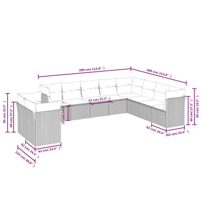 10-tlg. Garten-Sofagarnitur mit Kissen Hellgrau Poly Rattan