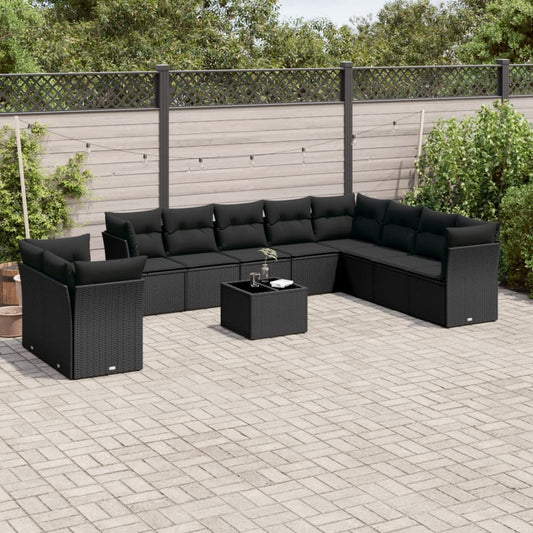 11-tlg. Garten-Sofagarnitur mit Kissen Schwarz Poly Rattan