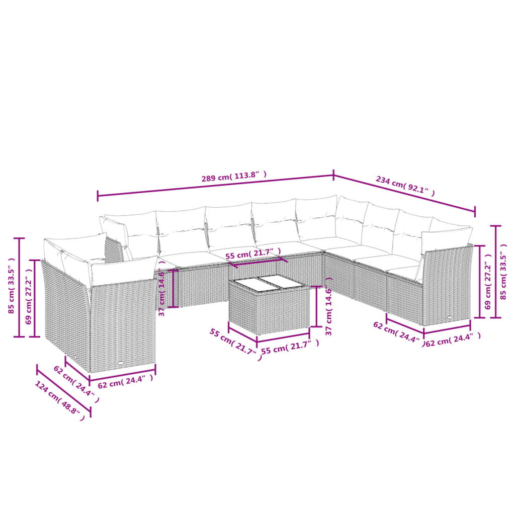 11-tlg. Garten-Sofagarnitur mit Kissen Grau Poly Rattan