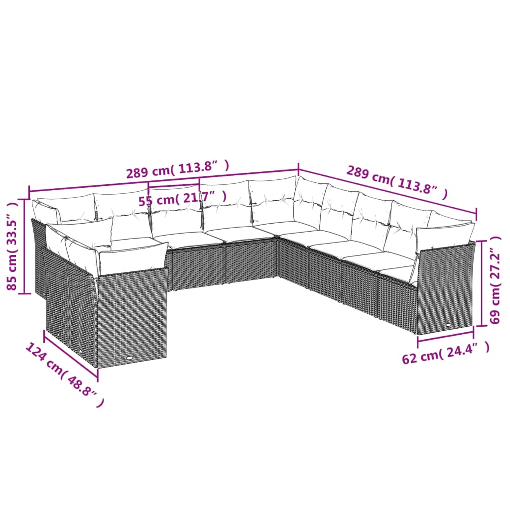 11-tlg. Garten-Sofagarnitur mit Kissen Schwarz Poly Rattan