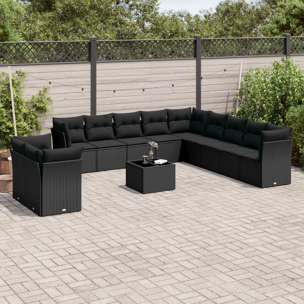 12-tlg. Garten-Sofagarnitur mit Kissen Schwarz Poly Rattan